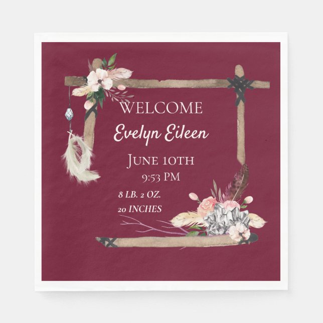 Boho Beautiful Baby Birth Stats Napkin (Front)