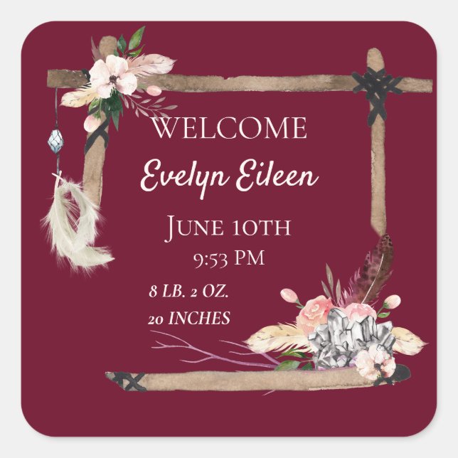 Boho Beautiful Baby Birth Stats Square Sticker (Front)