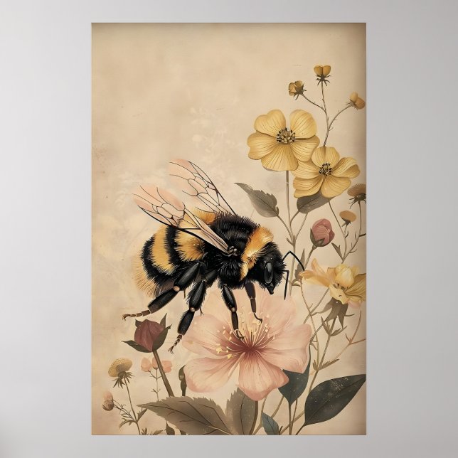 Boho Bee In Yellow Flower Print, Botanical Wall Poster (Front)