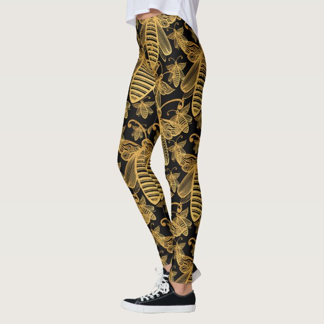 BOHO BEE SWARM Chic Pattern Gold on Black Leggings (Left)
