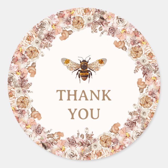 Boho Bee Watercolor Wildflower Thank You Classic Round Sticker (Front)