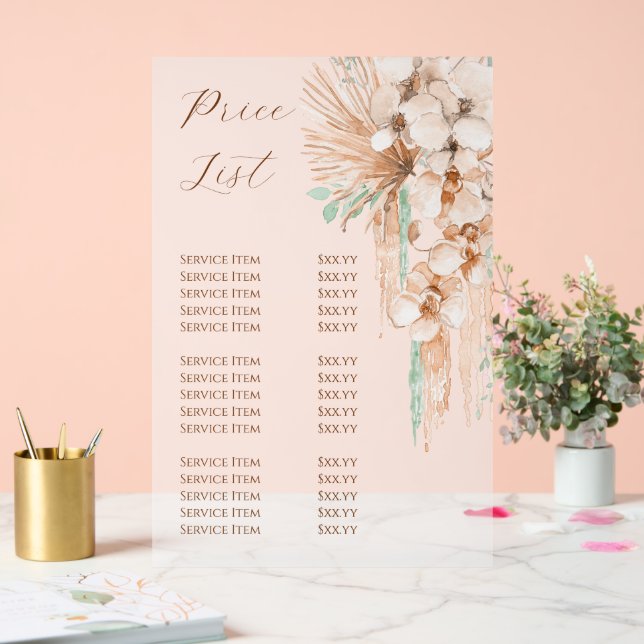 Boho Beige and Mint Price List Acrylic Sign (Wedding)