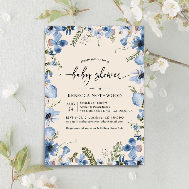 Boho Beige Blue Floral Boy Baby Shower Invitation (Creator Uploaded)