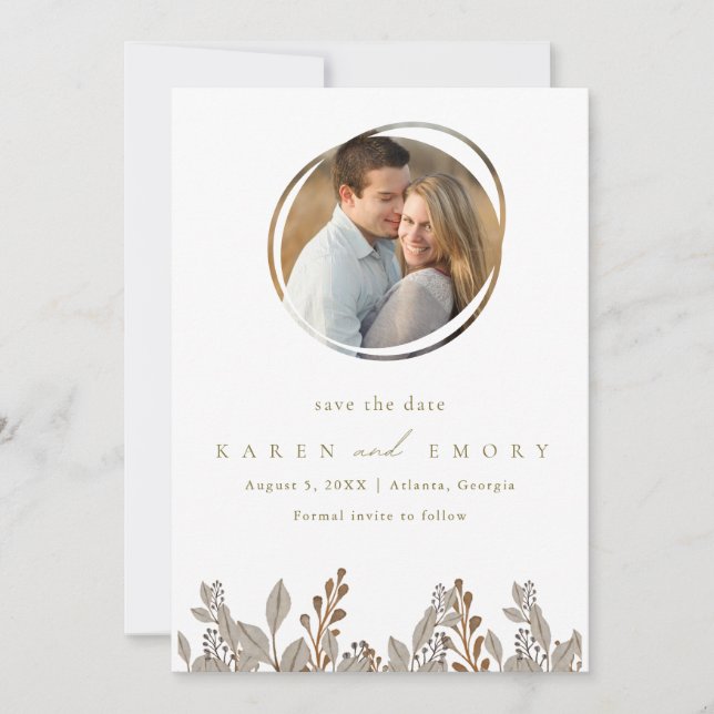 Boho Beige Botanical Photo Wedding  Save The Date (Front)