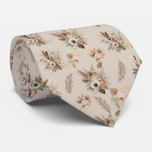 Boho Beige Brown Floral Botanical Trendy Men's Tie