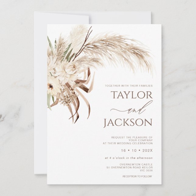Boho Beige Brown Floral Pampas Grass Wedding Invitation (Front)