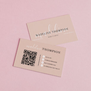 Boho Beige Calligraphy Script QR code Business Card