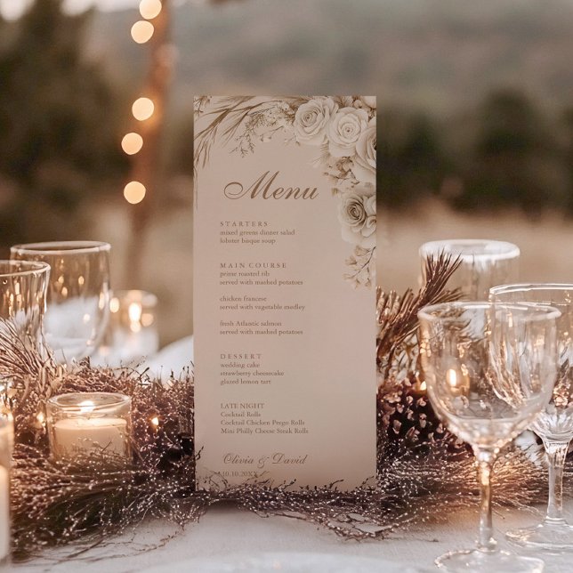 Boho Beige Dried Flower and White Roses Wedding Menu (Boho Beige Dried Flower and White Roses Wedding Menu on a wedding table with glasses and candles)