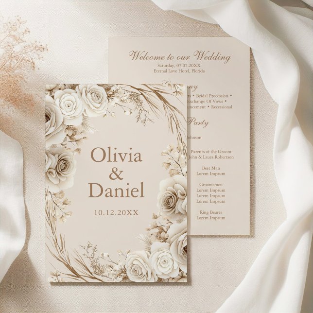 Boho Beige Dried Flower and White Roses Wedding Program (Boho Beige Dried Flower and White Roses Wedding Program on an elegant silky tablecloth)