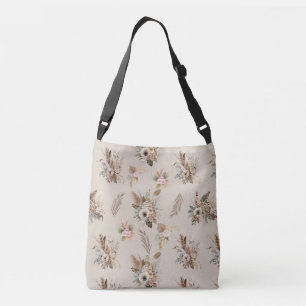 Boho Beige Floral Botanical Pink Green Flowers Crossbody Bag