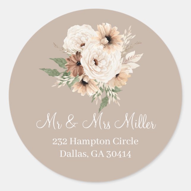Boho Beige Floral Classic Round Sticker (Front)