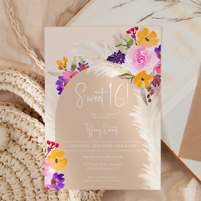 Boho beige floral pampas desert arch Sweet 16 Invitation (Boho beige floral pampas desert arch Sweet 16 Invitation)