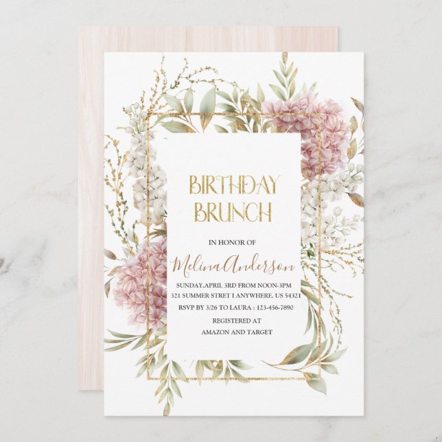 Boho  Beige Flowesr  gold watercolor birthday  bru Invitation (Front/Back)