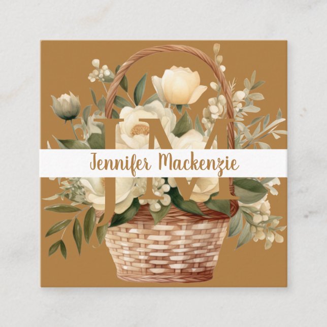 Boho Beige Gold Floral  Square Business Card (Front)