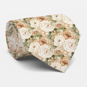 Boho Beige Gold White Roses Floral Neck Tie
