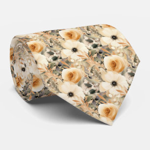 Boho Beige Gold White Roses Floral Neck Tie