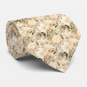 Boho Beige Gold White Roses Floral Neck Tie