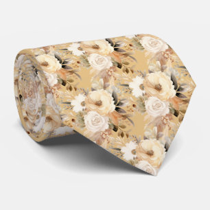 Boho Beige Gold White Roses Floral Neck Tie