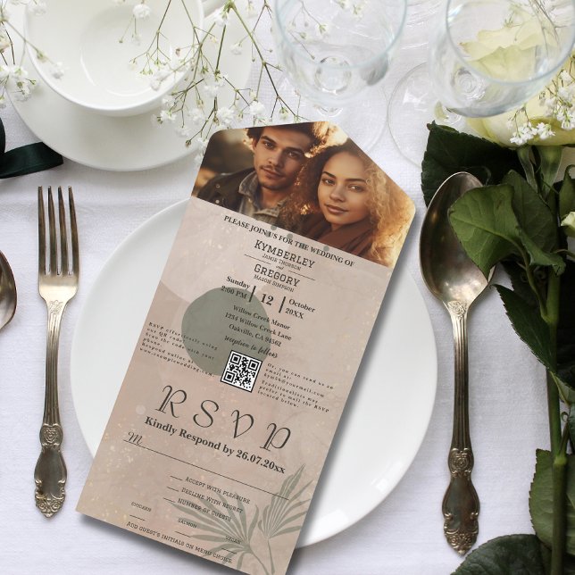 Boho Beige Green Abstract Shape Photo QR Code All In One Invitation (Creator Uploaded)