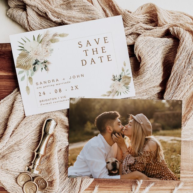 Boho Beige Green Floral Save The Date Card (Boho beige floral wedding save the date featuring two floral arrangements and couple photo on back.)