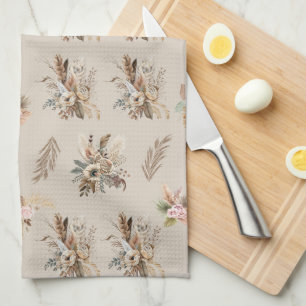 Boho Beige Green Pink Floral Botanical Leaves Tea Towel