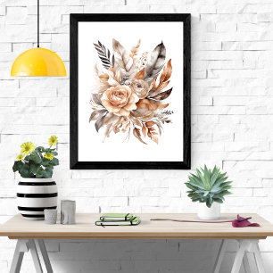 Boho Beige Grey Floral Botanical Feathers  Poster