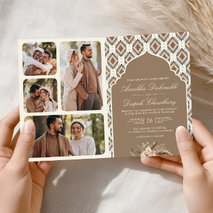 Boho Beige Ivory Ikat Photo Collage Indian Wedding Invitation