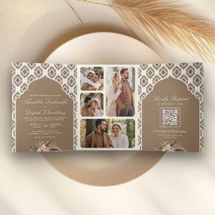 Boho Beige Ivory Ikat Photo Collage Indian Wedding Tri-Fold Invitation