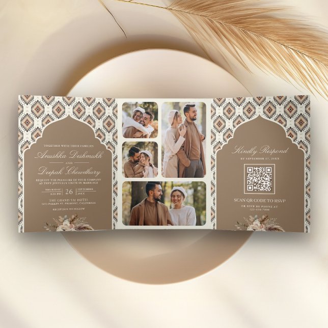 Boho Beige Ivory Ikat Photo Collage Indian Wedding Tri-Fold Invitation (Creator Uploaded)