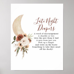 Boho Beige Moon Baby Shower Late Night Diaper Poster