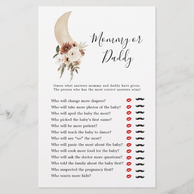 Boho Beige Moon Baby Shower Mummy or Daddy (Front)