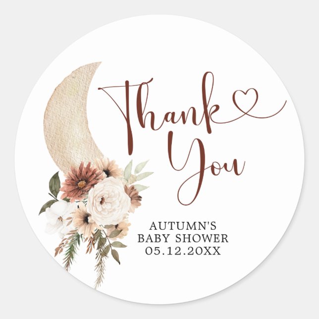 Boho Beige Moon Baby Shower Thank You Sticker (Front)