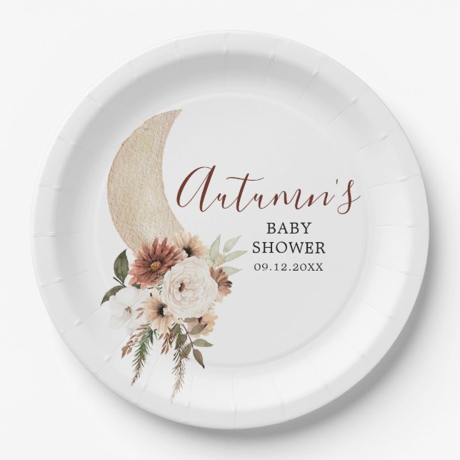 Boho Beige Moon Floral Baby Shower Paper Plate (Front)