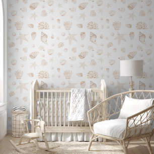 Boho Beige Neutral Nautical Coastal Pearls Shells Wallpaper