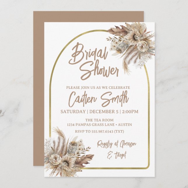 Boho Beige Pampas Grass Bridal Shower Invitation (Front/Back)