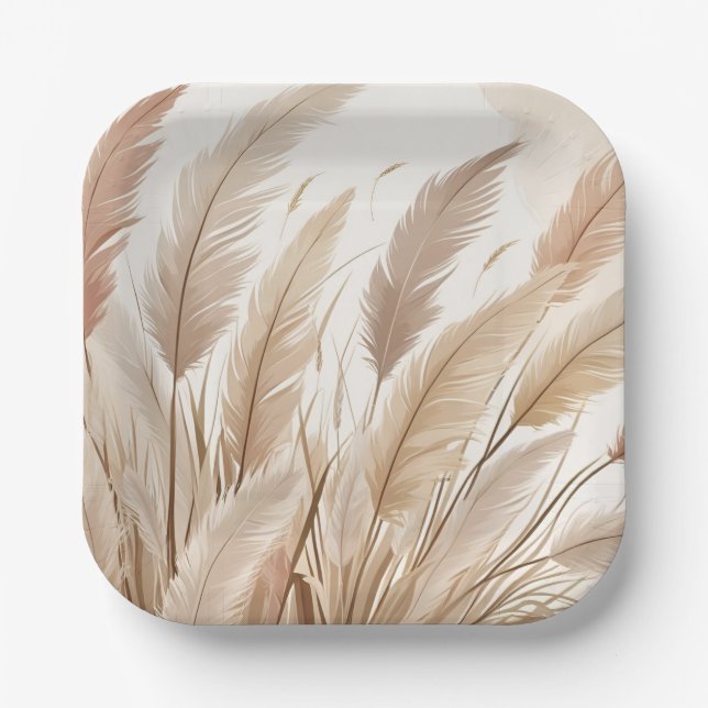 Boho Beige Pampas Grass Wedding Paper Plate (Front)