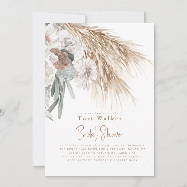Boho Beige Pampas White Floral Bridal Shower Invitation (Front)