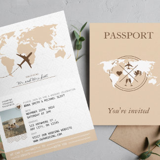 Boho Beige Passport Destination Wedding Invitation