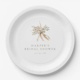 Boho Beige & Sage Flowers & Bow Bridal Shower Paper Plate