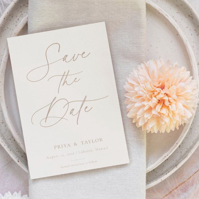 Boho Beige Script Save The Date Photo Card (Creator Uploaded)