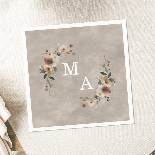 Boho Beige Taupe Floral Wreath Wedding Monogram Napkin (Wrap your celebration in elegance with our monogrammed napkins in 6 rustic hues.)