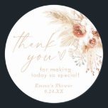 Boho Beige Thank You Bridal Shower Favour Classic Round Sticker<br><div class="desc">These Favour Stickers feature hand-painted watercolor florals and pampas grass to set the tone for your bohemian styled event and is a great way to create personalised tags or labels for your shower, wedding or special event! Easily edit most wording to match your event! Text and arch colours are fully...</div>