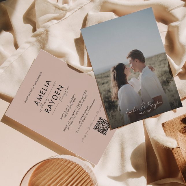 Boho Beige Typography Script Photo QR Code Wedding Invitation (Creator Uploaded)