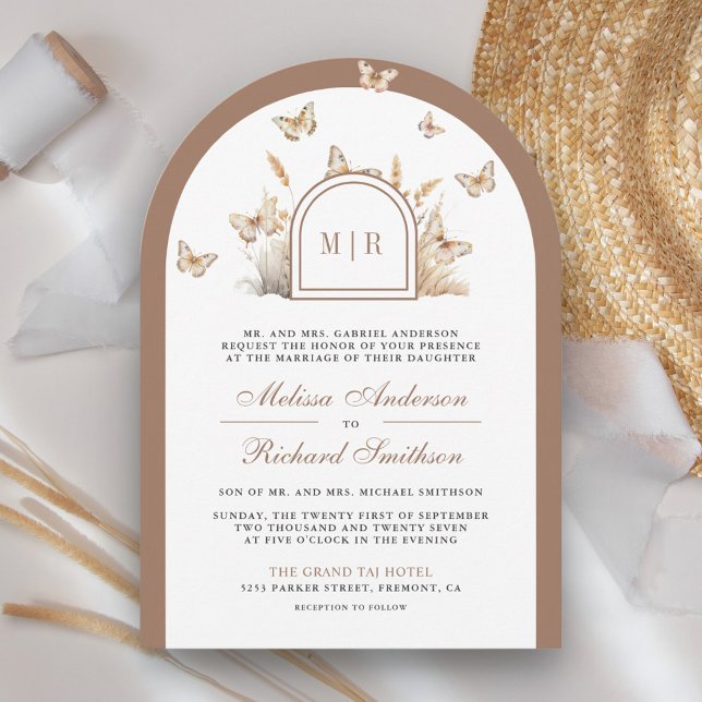 Boho Beige Wildflower Butterfly Arch Wedding Invitation (Creator Uploaded)