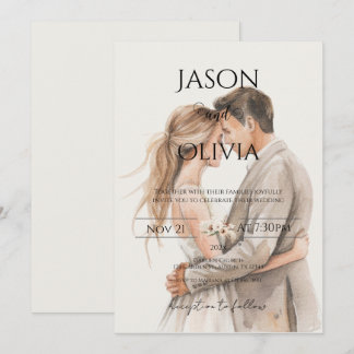 Boho beige with bride and groom wedding invitation