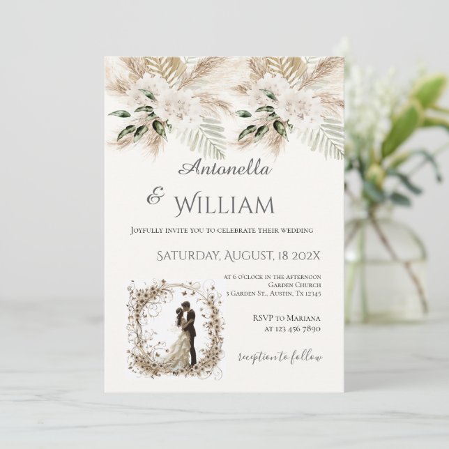 Boho beige with bride and groom wedding invitation (Standing Front)