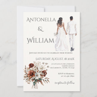 Boho beige with bride and groom wedding invitation