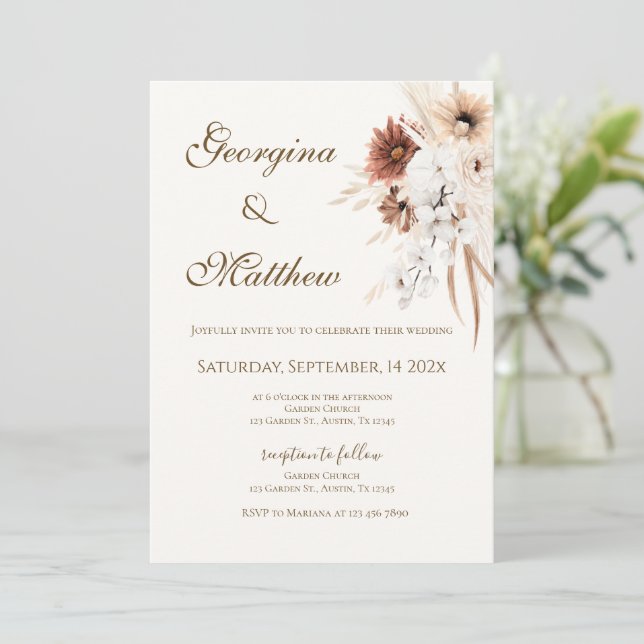 Boho beige with bride and groom wedding invitation (Standing Front)