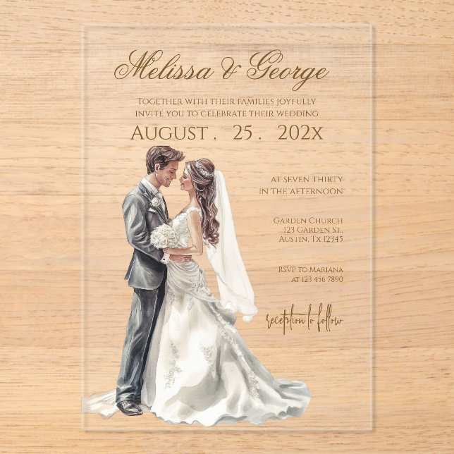 Boho beige with bride Wedding Acrylic Invitations (Front)