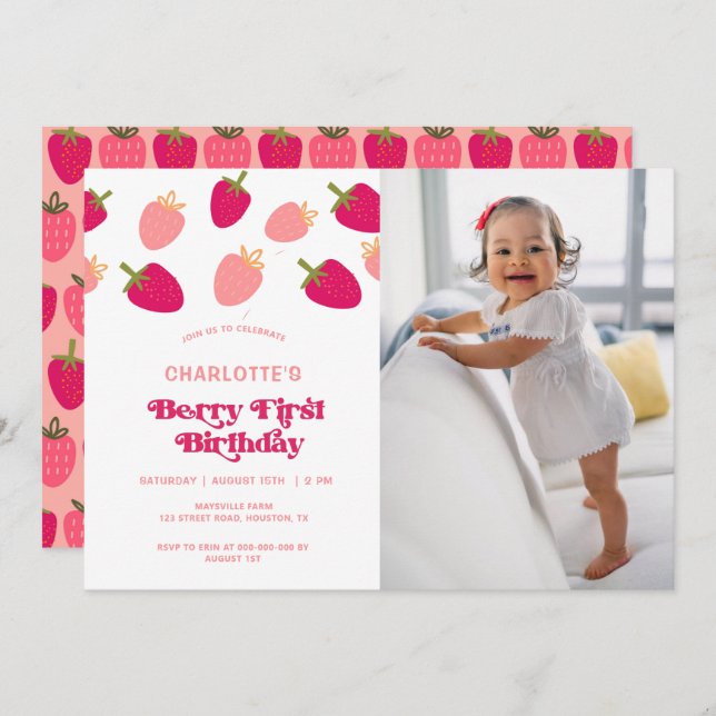 Boho Berry First Birthday Photo Invitation (Front/Back)